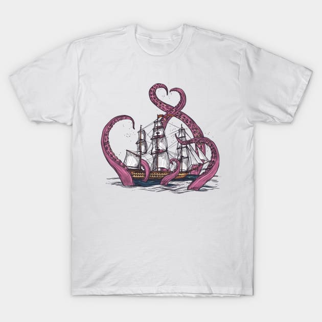Kraken Attacks Boat T-Shirt by Happy Asmara